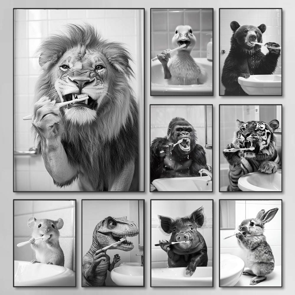 Photography Types - Zwart Wit Grappige Badkamer Tandenpoetsen Poster